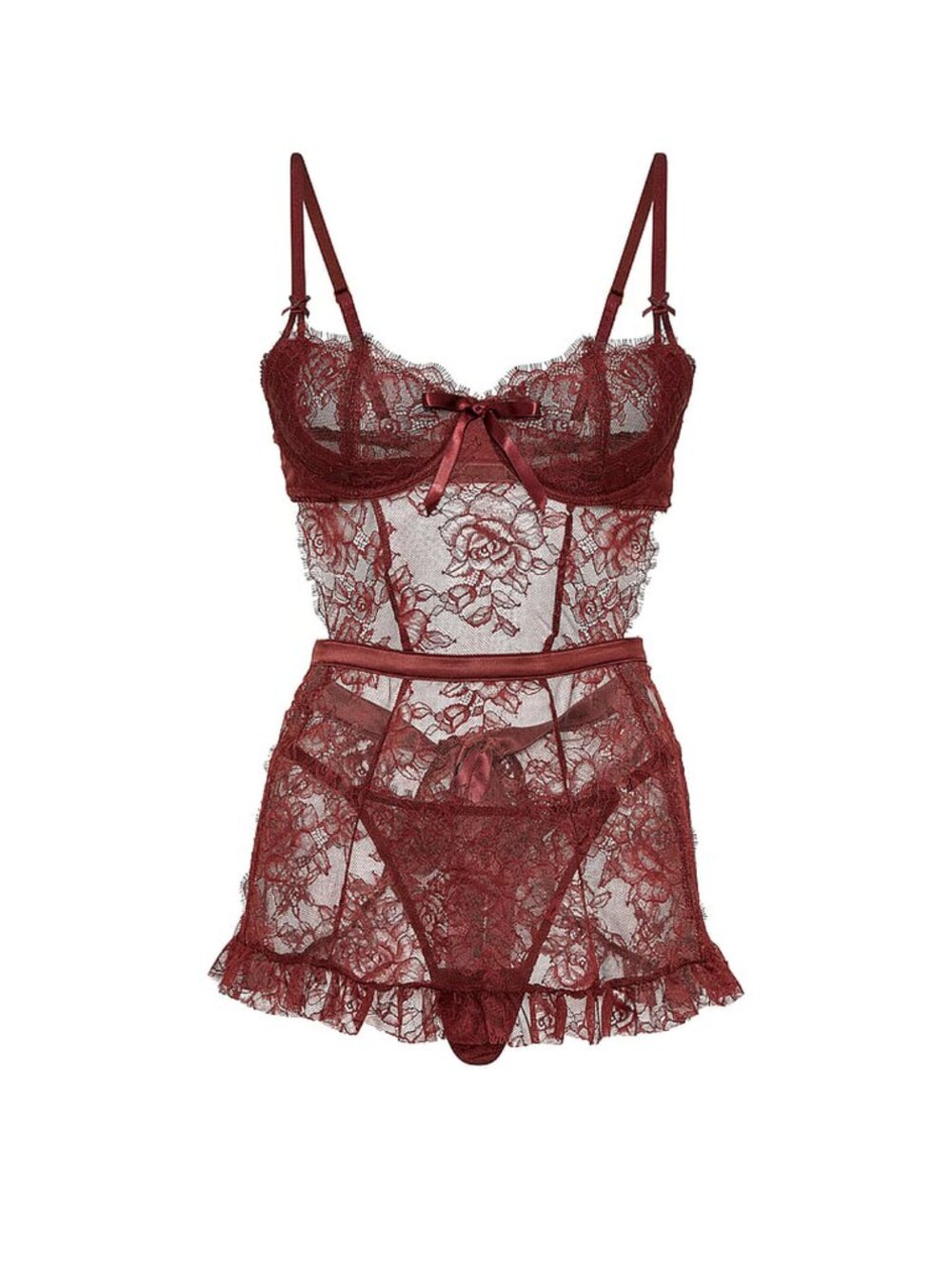 NEW Victoria’s Secret Dark Chili Wicked Unlined Lace Apron Babydoll 34422